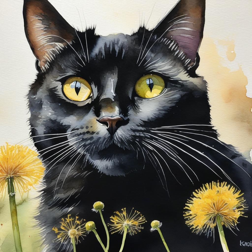 detailed watercolor painting of one of a cat wearing the bla...
