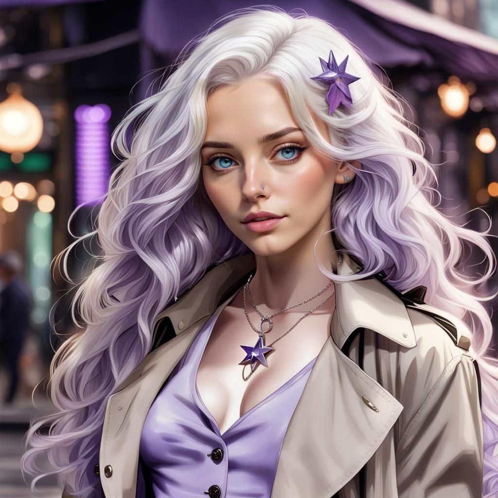 Beautiful Woman with White Hair and Piercing Gaze