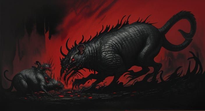 Hellish Rats Devour Turkey in Moody Ink Wash Art