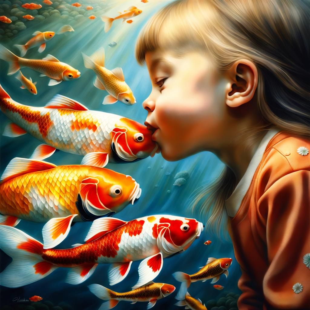 Young Girl's Kiss with Giant Koi Fish