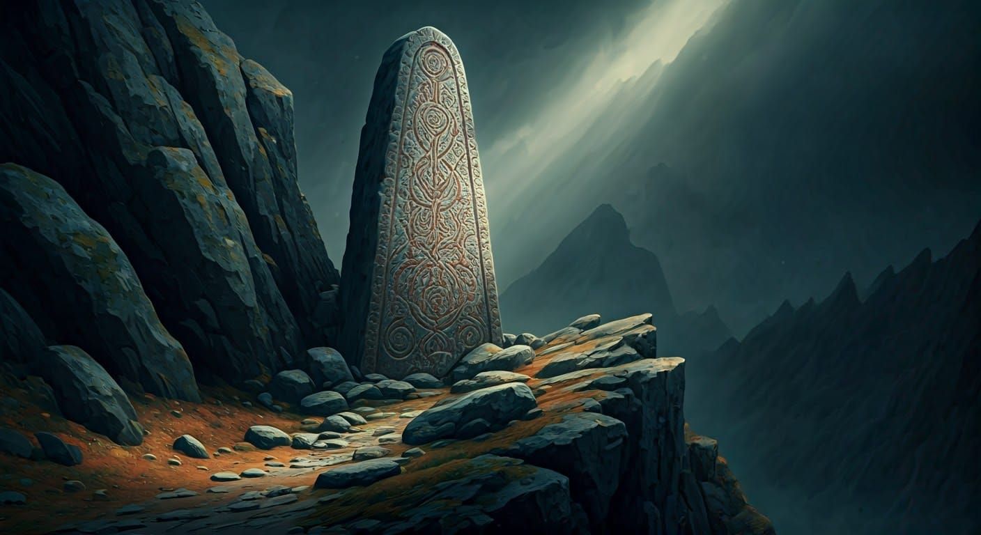 Ancient Silvery Runestone Monument in Dramatic Landscape