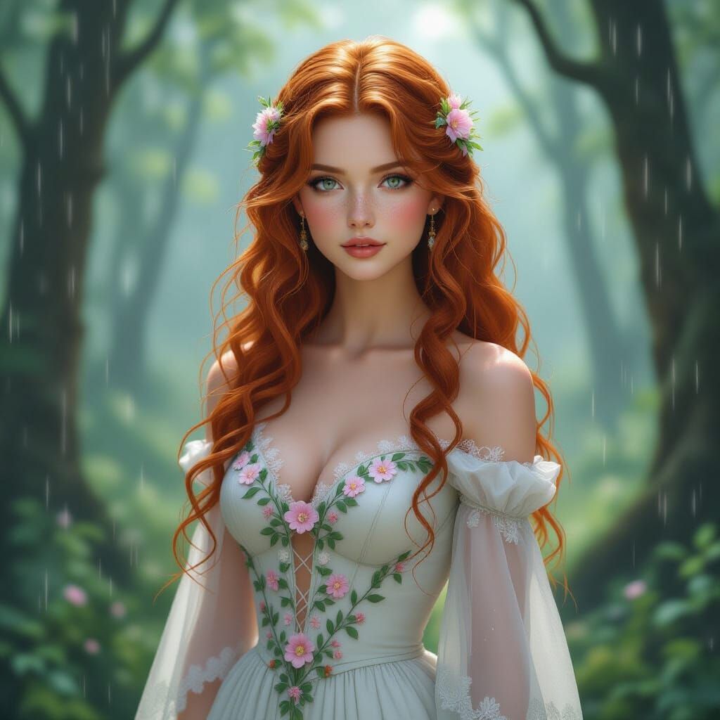 Ethereal Nordic Beauty in Rainy Forest, Anime Style
