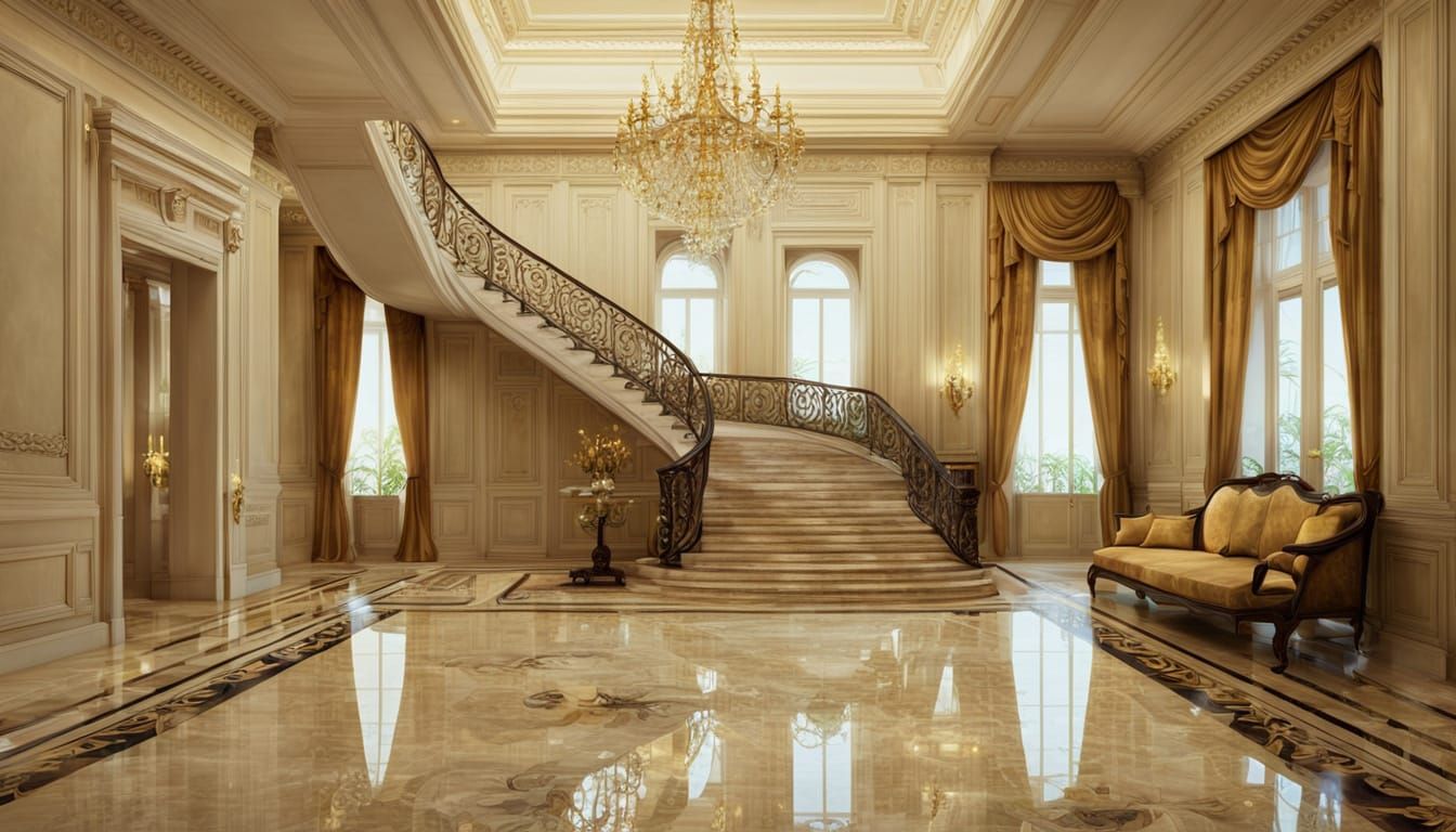 Elegant Neoclassical Living Room with Grand Staircase