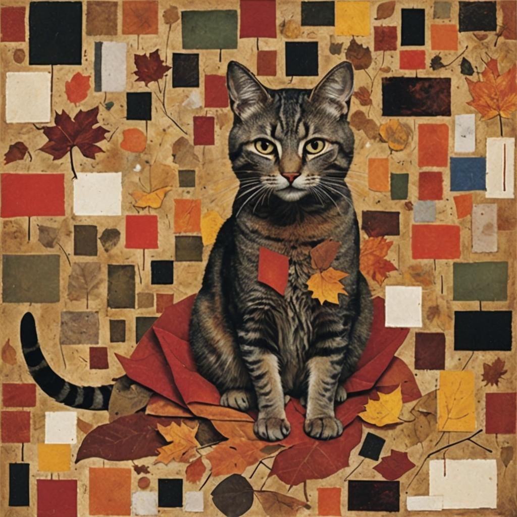 Autumnal Cat and Mouse Paper Collage Art