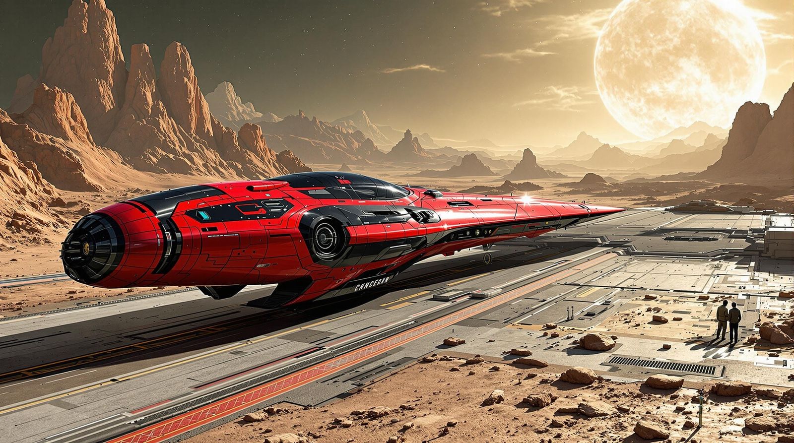 Elegant Hyper-Detailed Spacecraft at Futuristic Launch Pad