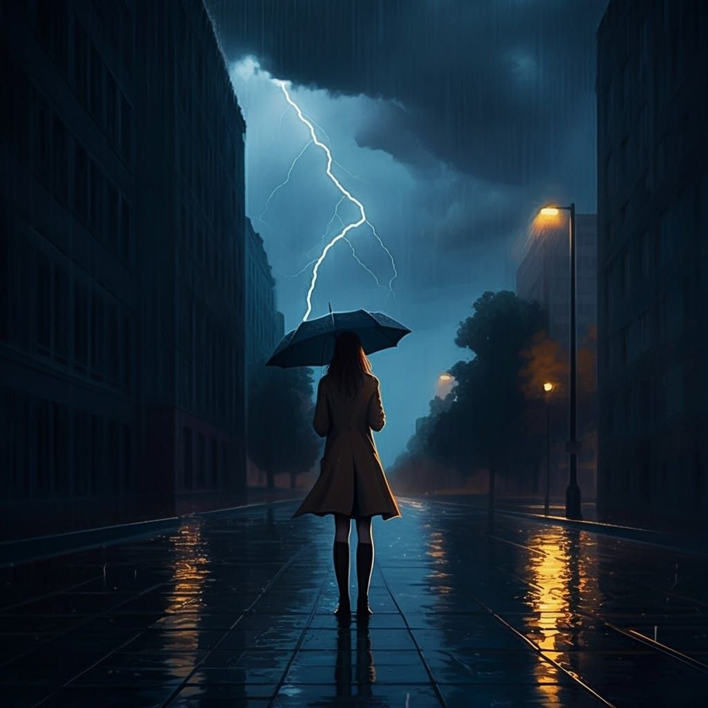 Dramatic Cityscape Painting of Woman in Storm