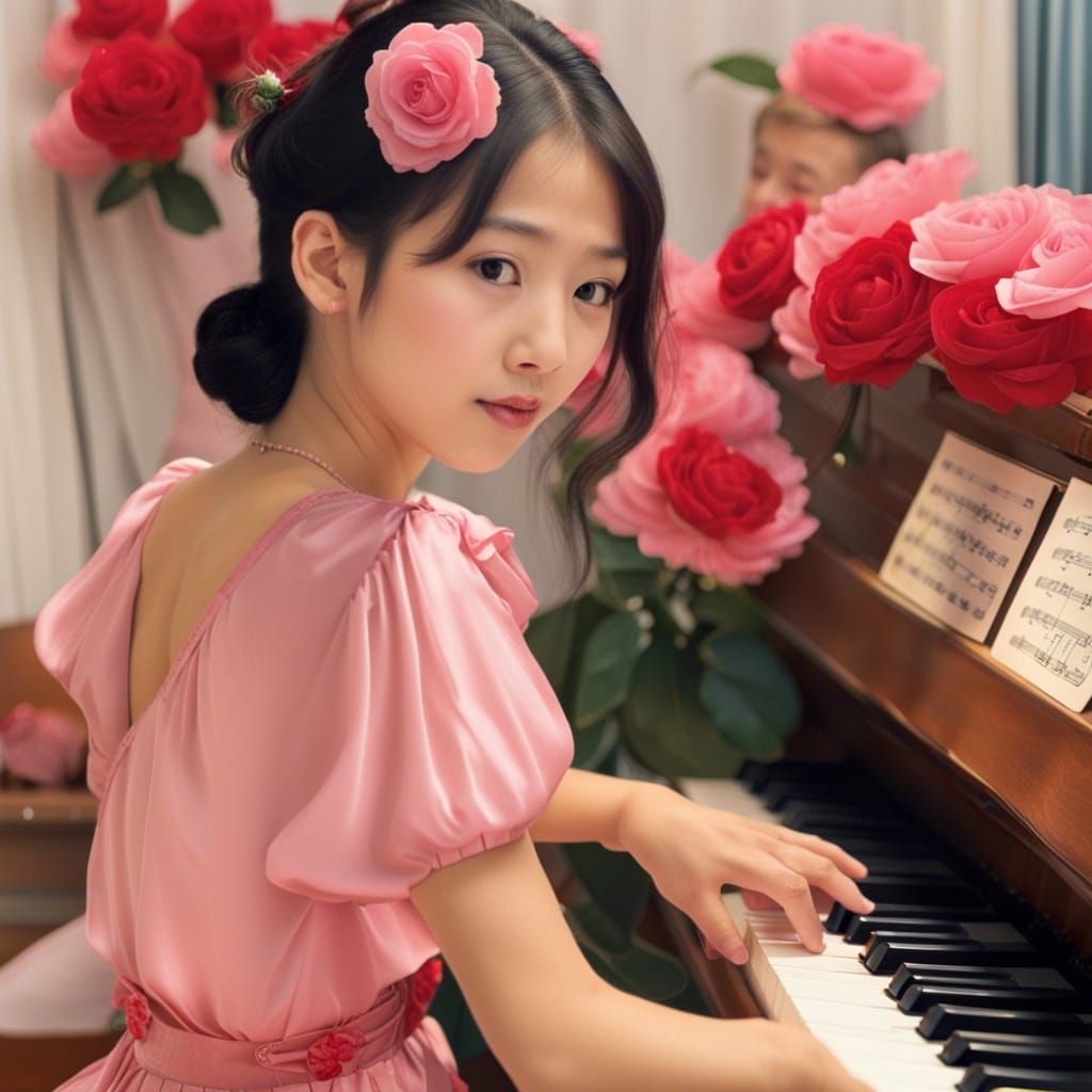 Chinese Girl Plays Piano with Roses in Hair