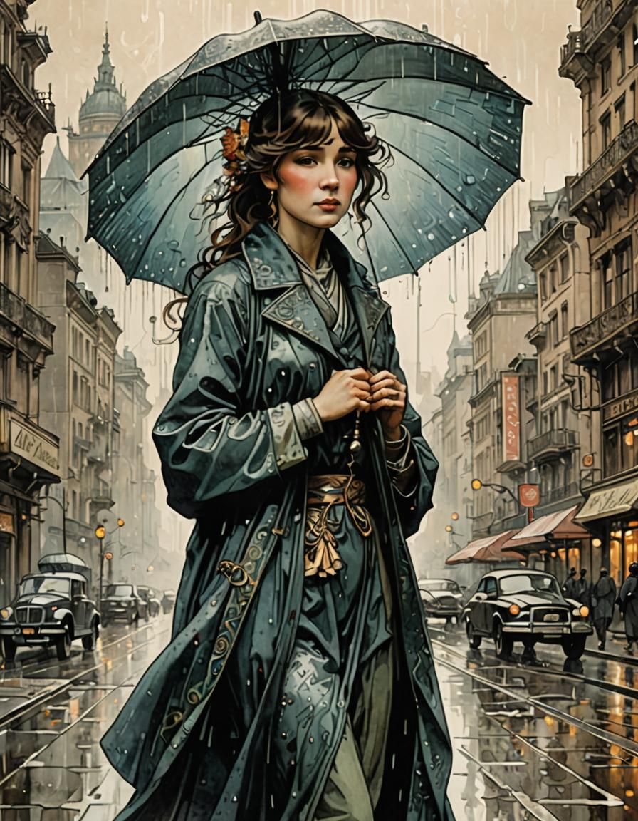 Rainy Day Woman, Ink Painting in Art Deco Style