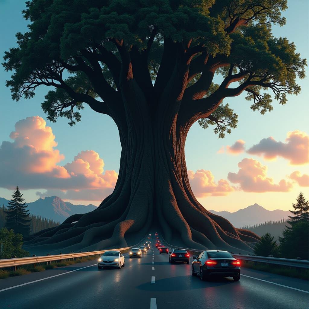 Hyper-Realistic Tree Disrupts Highway in Cinematic Style