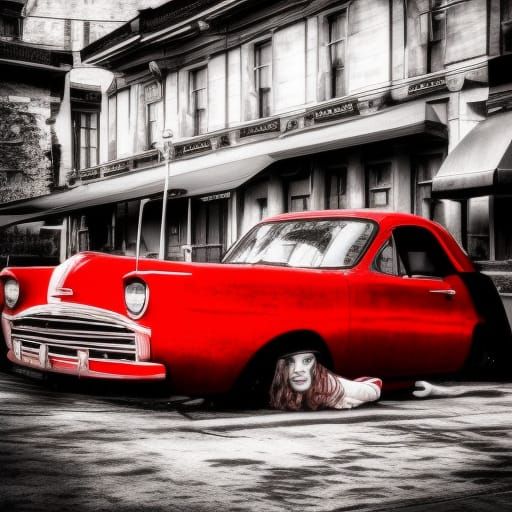 Red-Haired Girl on Car in Hyperrealistic Style