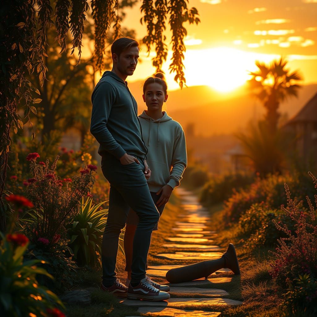 Romantic Garden Proposal at Sunset: Hyperrealistic Art