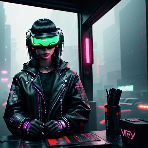 Cyberpunk Characters in Neon Noir Dystopian Shop