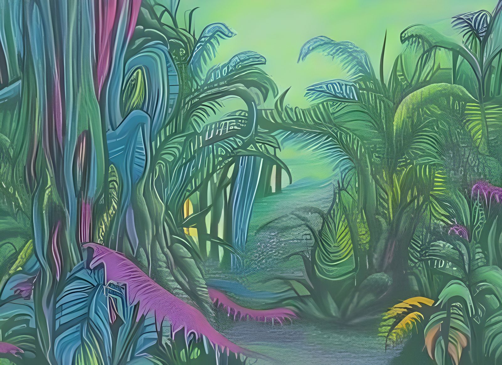Colorful Crayon Drawing of Alien Jungle