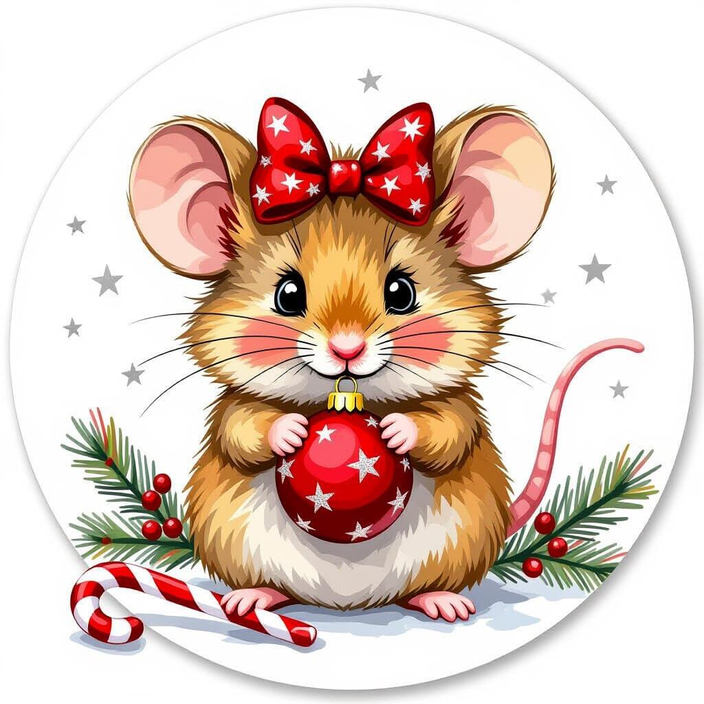 Fluffy Mouse in Painterly Style with Christmas Ornaments