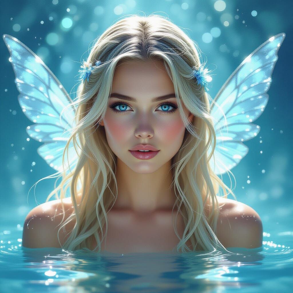 Ethereal Water Spirit Woman with Blue Eyes in Watercolor-Oil...