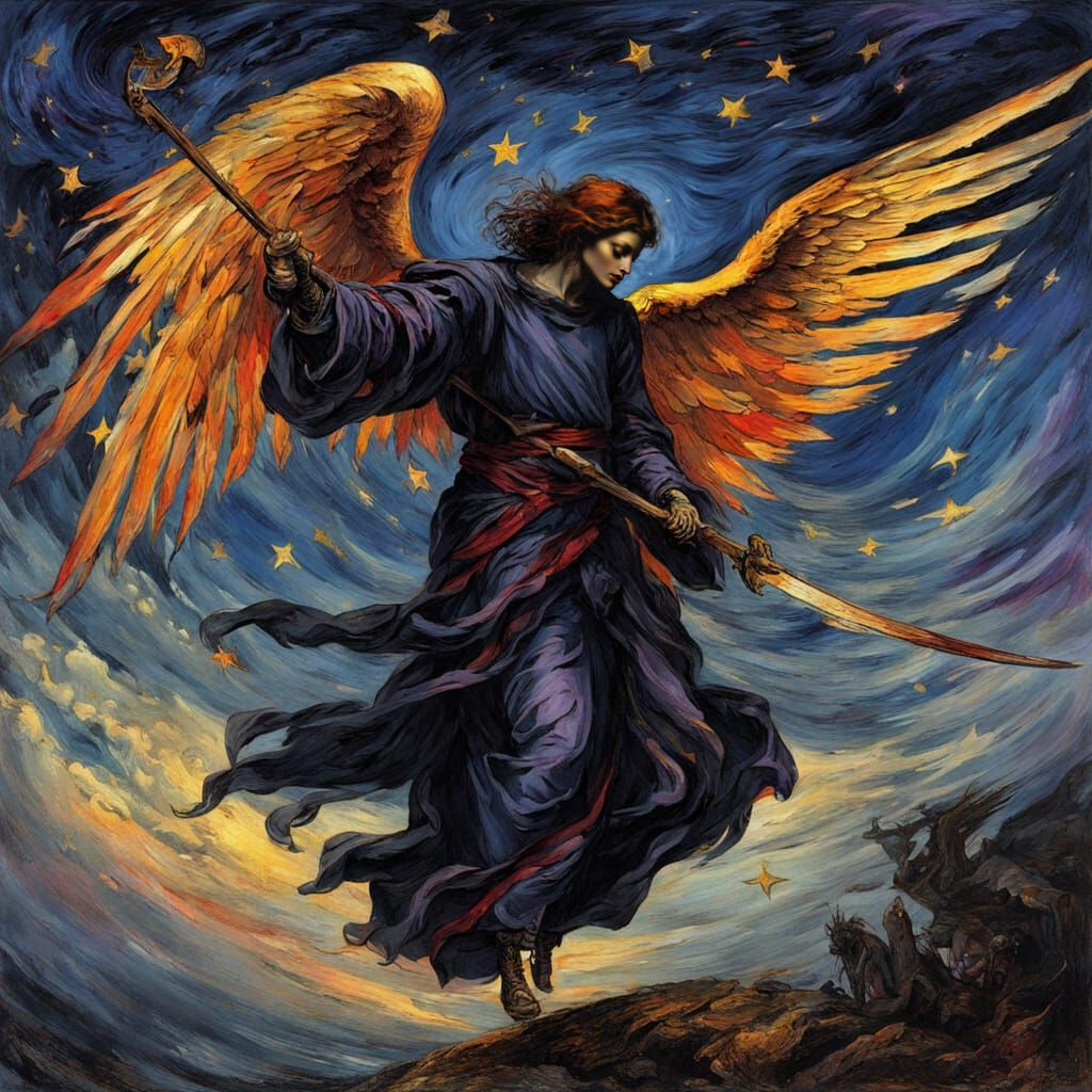 an angel of Death descends under a churning starry night sky, tattered wings that flicker with iridescent color:  holdin...