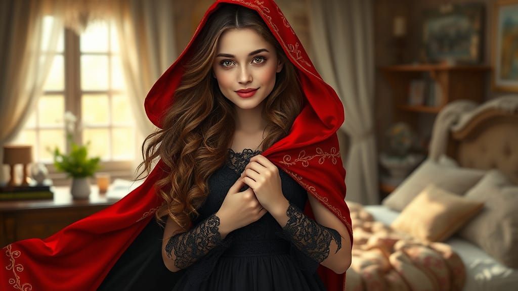 Gentle Maiden in Red Cloak Embracing Whimsical Cottage Atmos...
