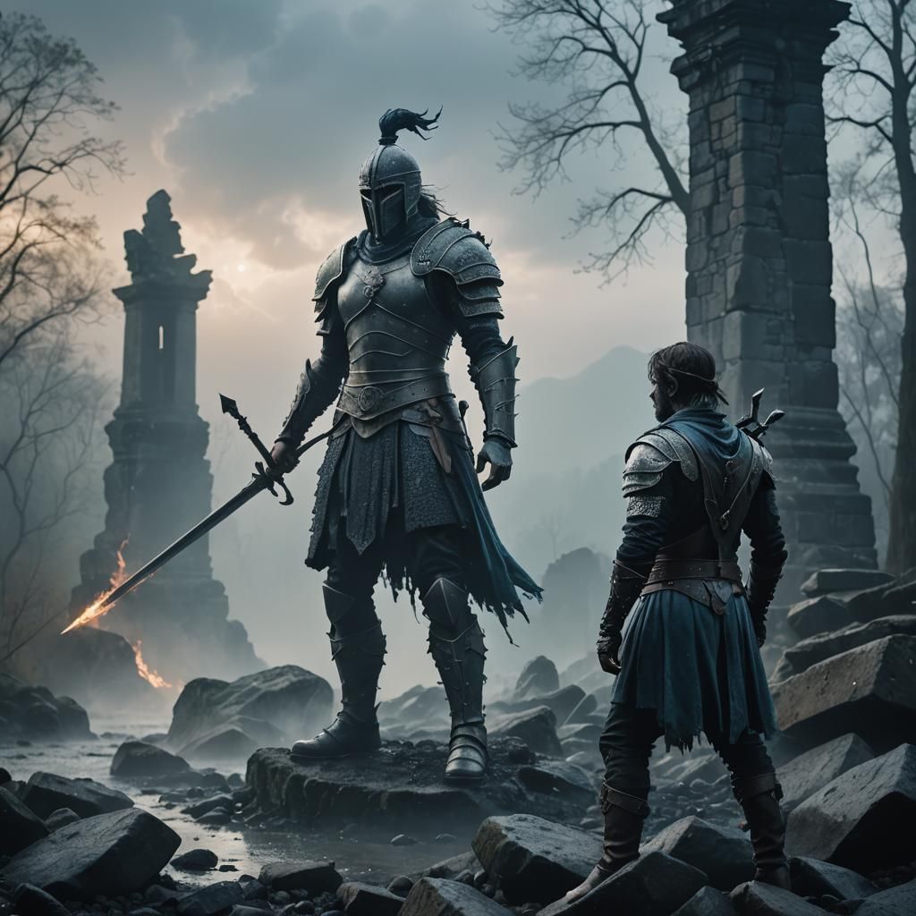 Mystical Warrior in Stormy Woodland Ruins