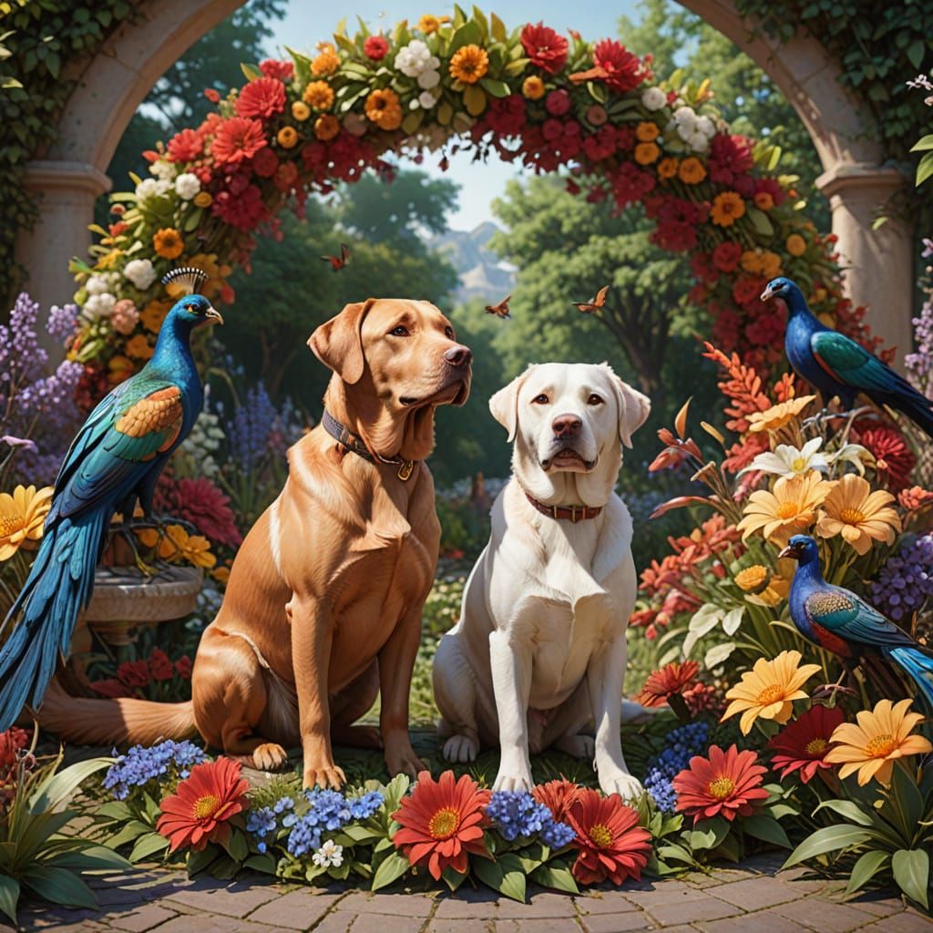 Loving Labrador Retrievers in Vibrant Floral Scene