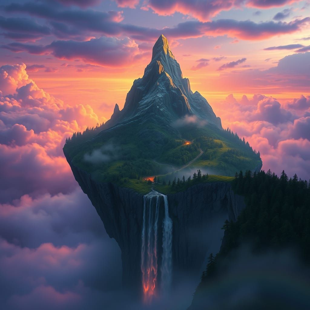 Ethereal Dark Fantasy Landscape with Majestic Waterfall