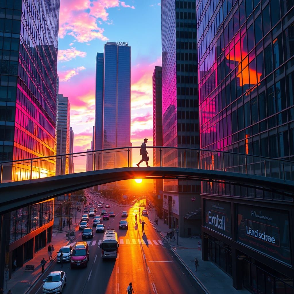 Sleek Footbridge Reflects Vibrant Violet Sky in Futuristic D...