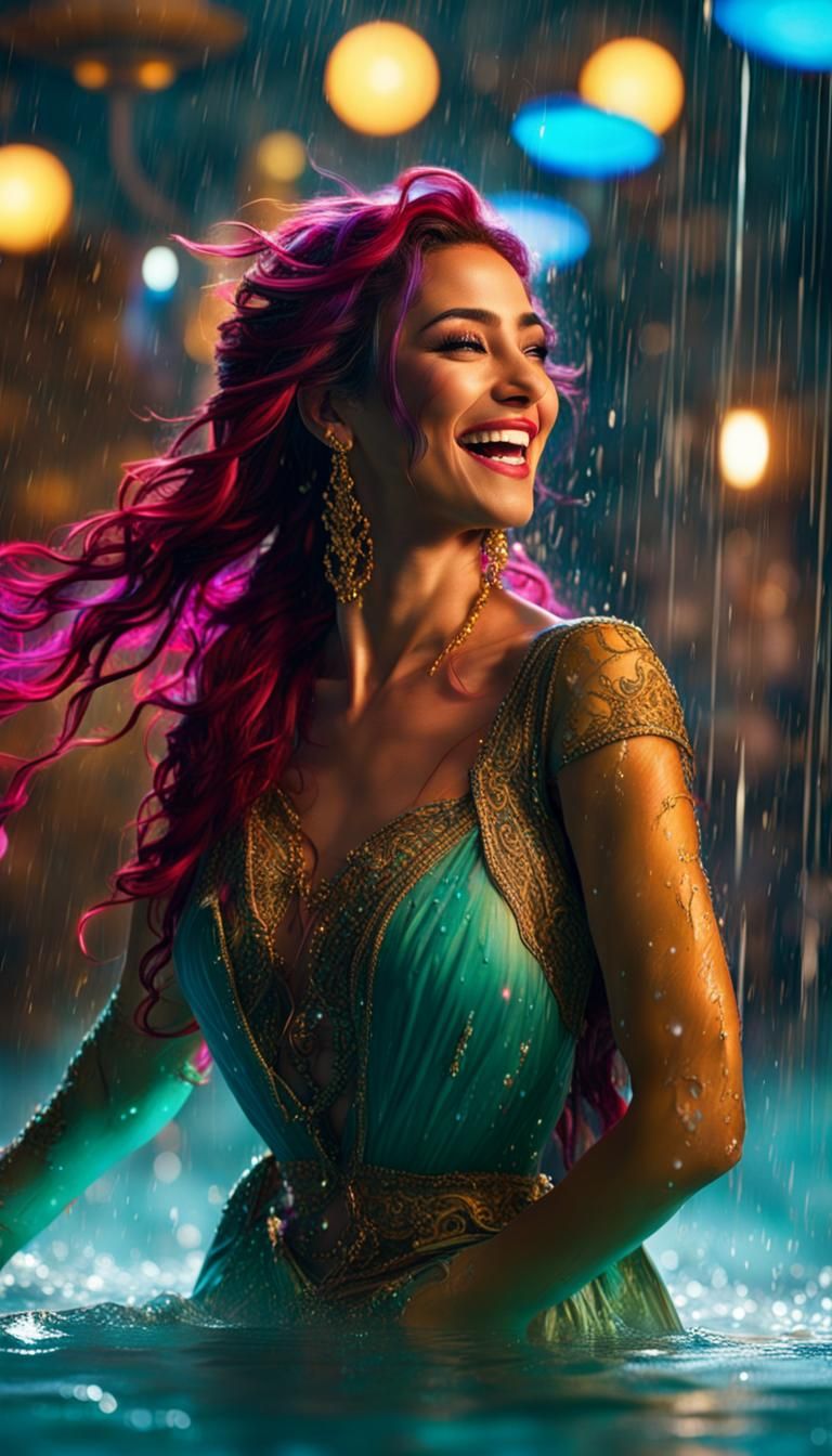 Princess Jasmine Laughing Under a Water Shower