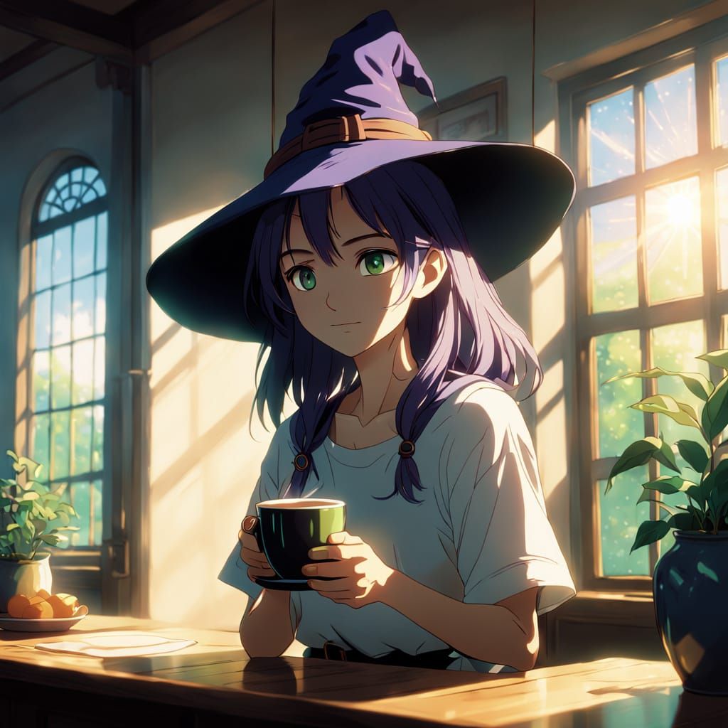 Young Witch in Morning Light Anime Style