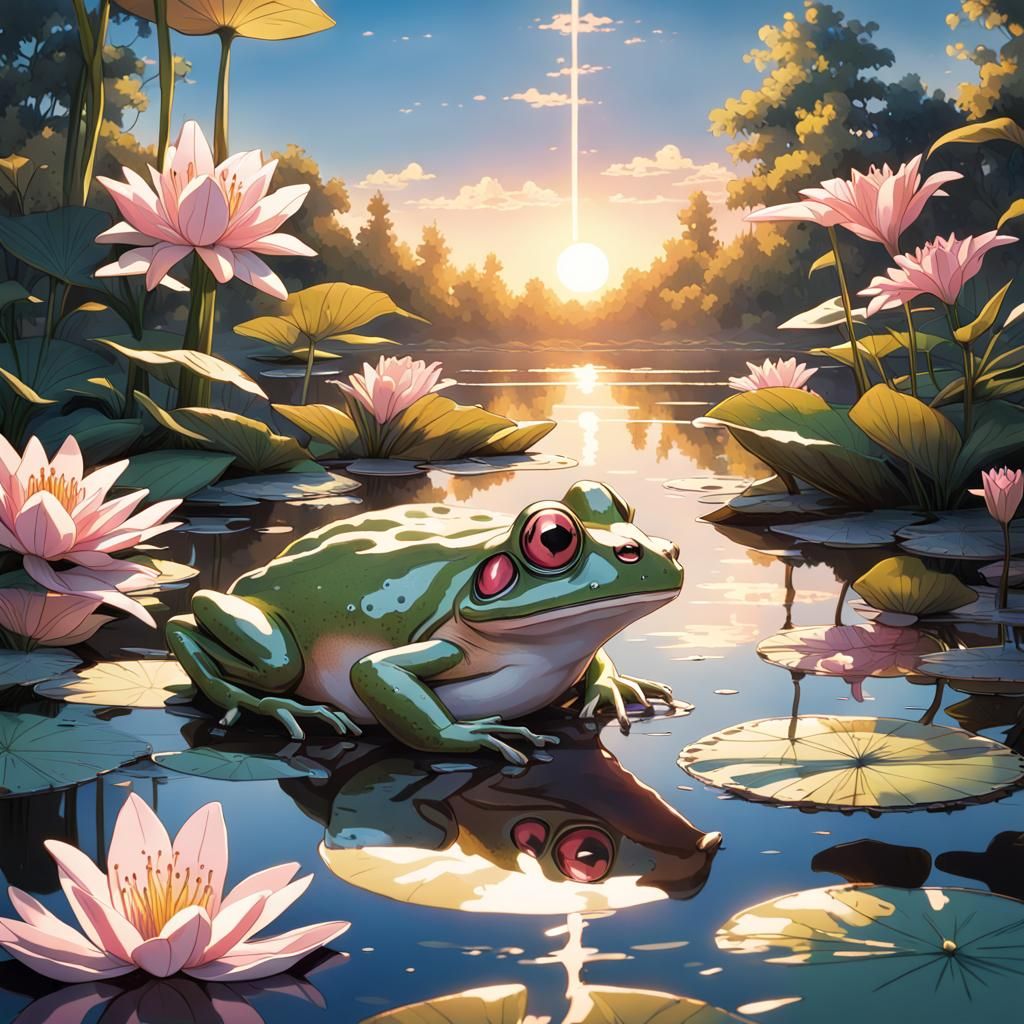 Metallic Frog in Lily Pond: Studio Ghibli Anime