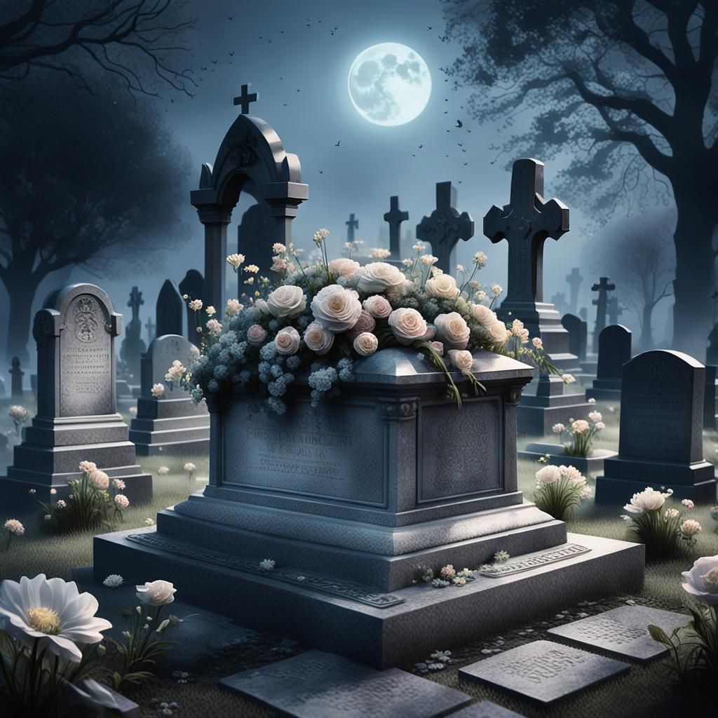 Ethereal Moonlit Cemetery Scene, Fresh Flowers and Weathered...