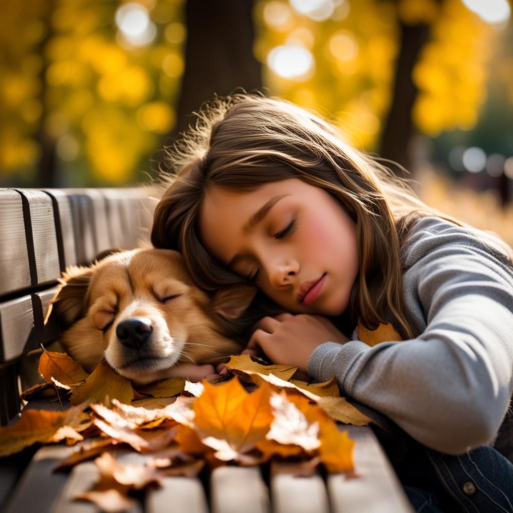 Girl and Dog Sleeping Peacefully in Autumn
