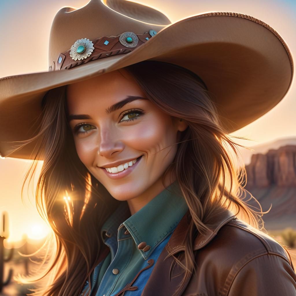 Smiling Cowgirl in Desert Sunlight: Soft Western Portrait