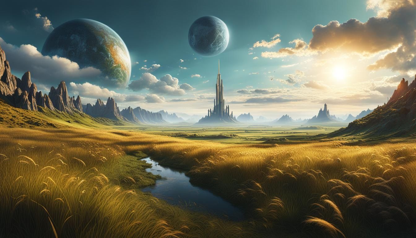 Sun Imbedded in Valley Field, Detailed Matte Painting