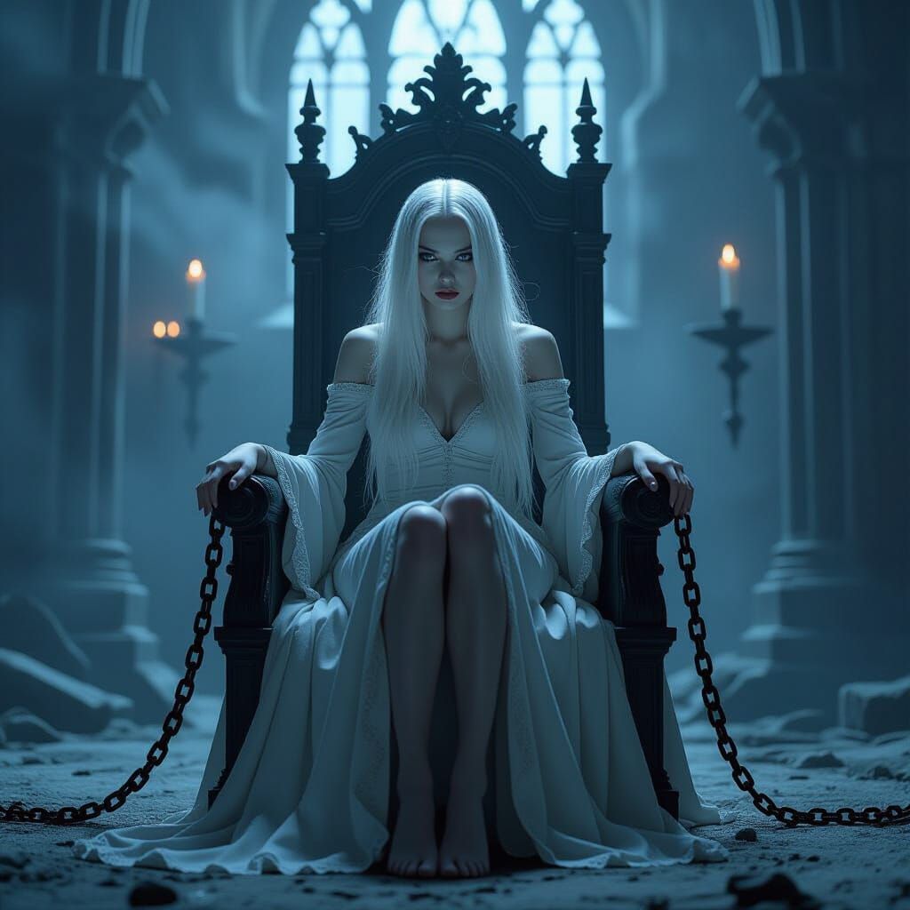 Albino Woman on Throne in Dark Fantasy Style