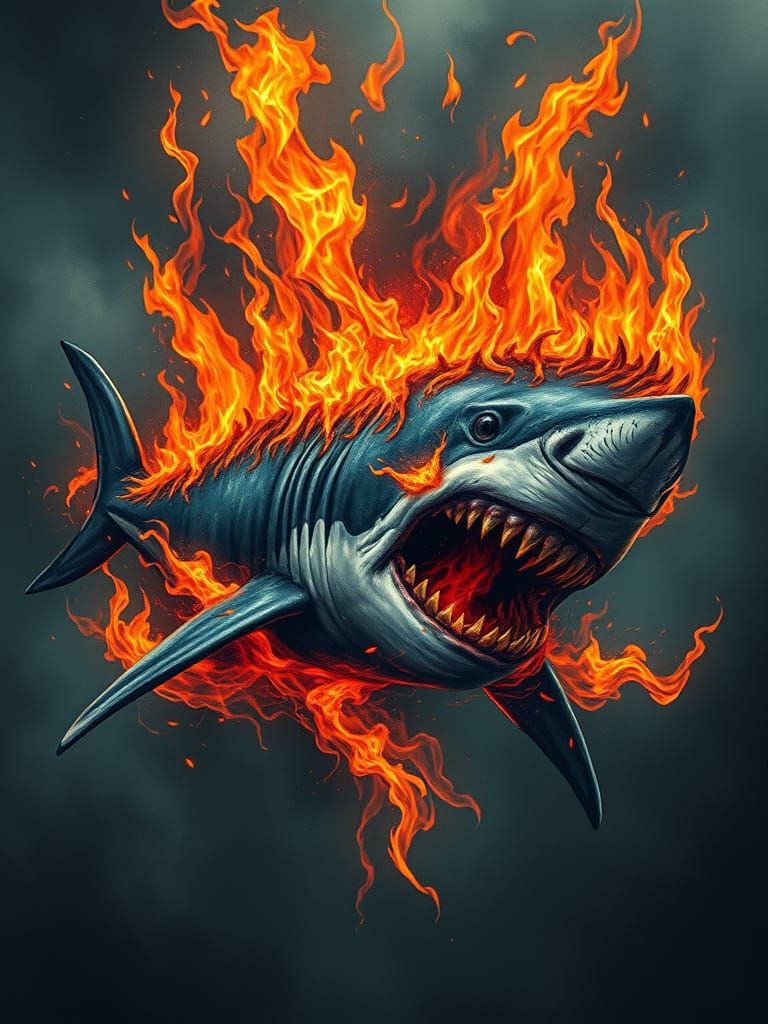Fiery Shark in Gothic Horror Style