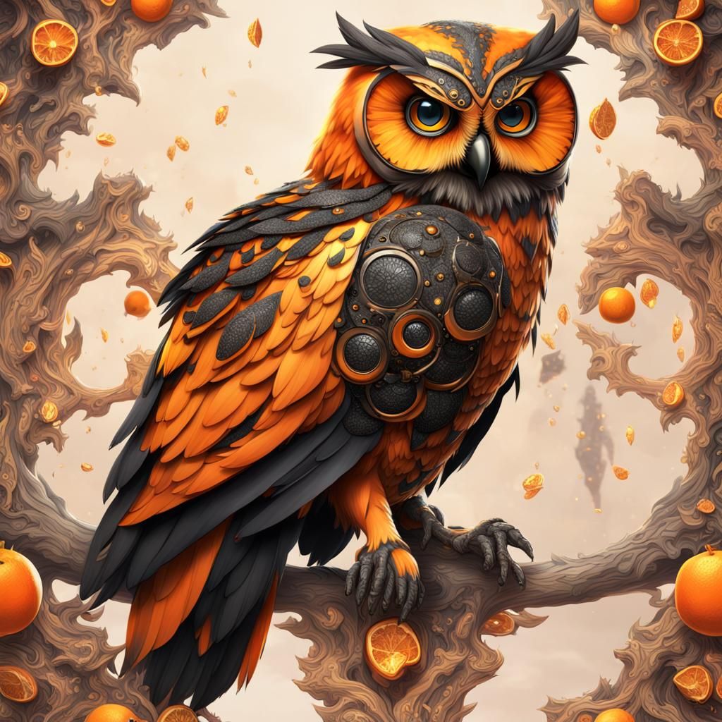 Orange Owl with Black Diamonds: Detailed Matte Painting