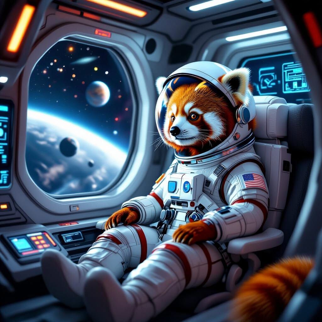 Red Panda Astronaut in Futuristic Spaceship Cabin