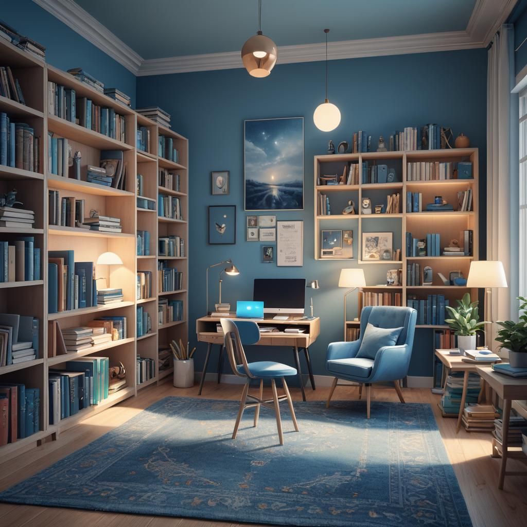 Cozy Blue Study Room in 3D Concept Art