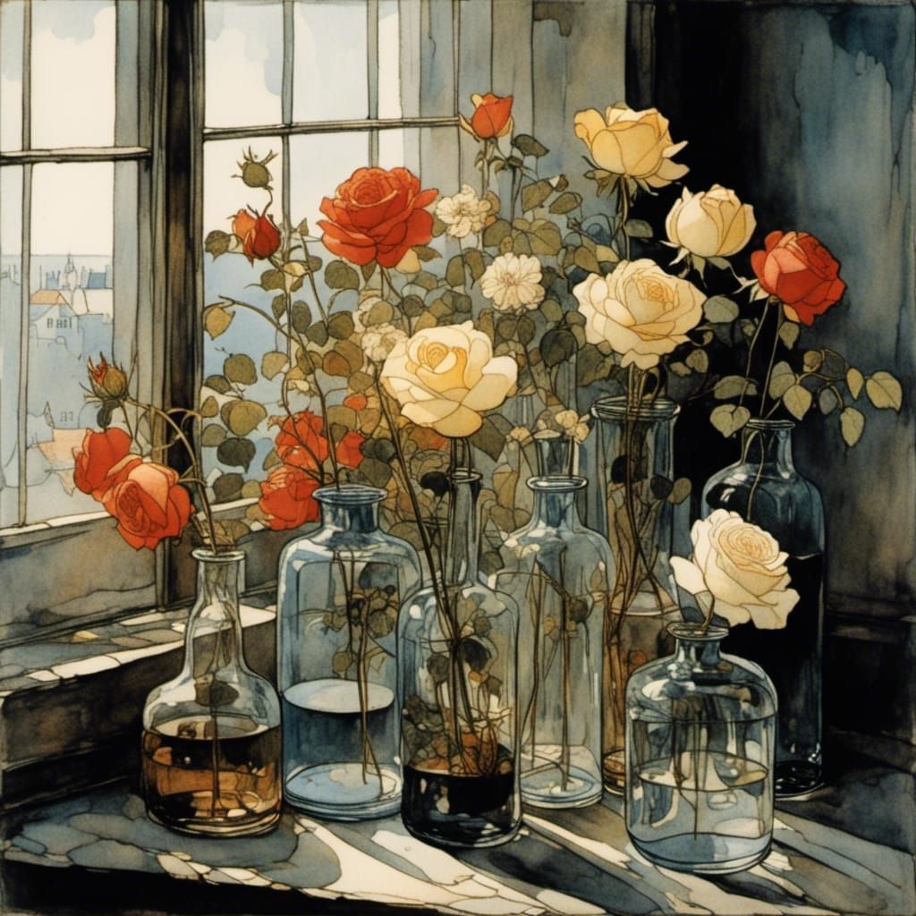 Roses in Vases on an Old-Fashioned Windowsill