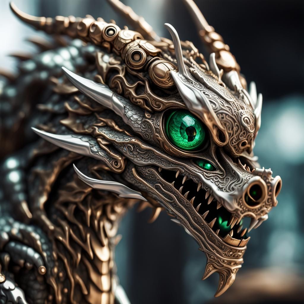 Hyperrealistic Robotic Emerald-Eyed Dragon in Bronze and Sil...