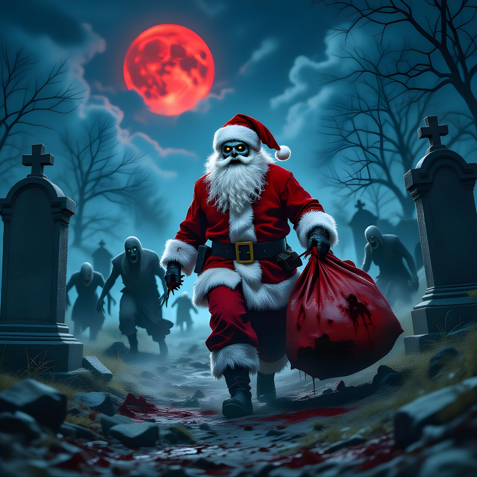 Zombie Santa Haunts Spooky Graveyard Under Red Moon