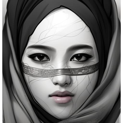 Detailed Ink Drawing: Muslim Woman in Niqab
