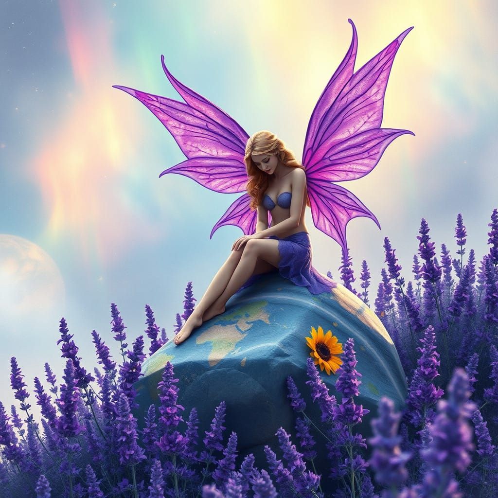 Ethereal Earth Fae in Lavender Blooms, Art Nouveau Style
