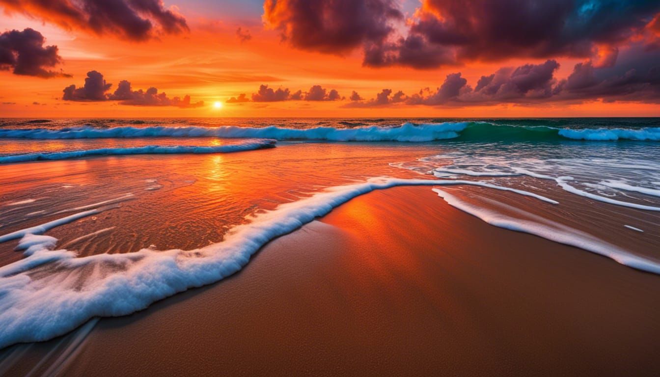 Vibrant Orange Sunset Over Ocean Beach