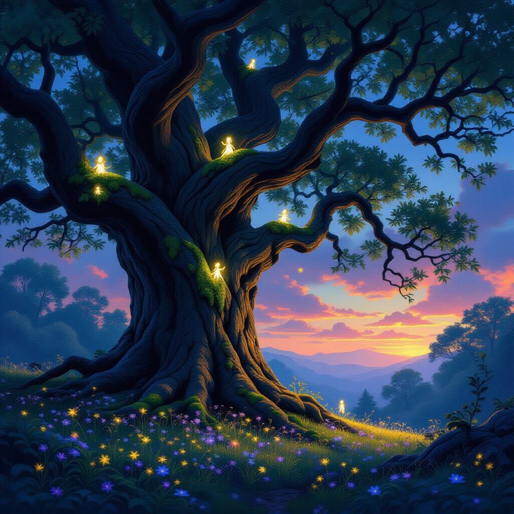 Mystical Oak Tree with Fairies in Matte Painting Style