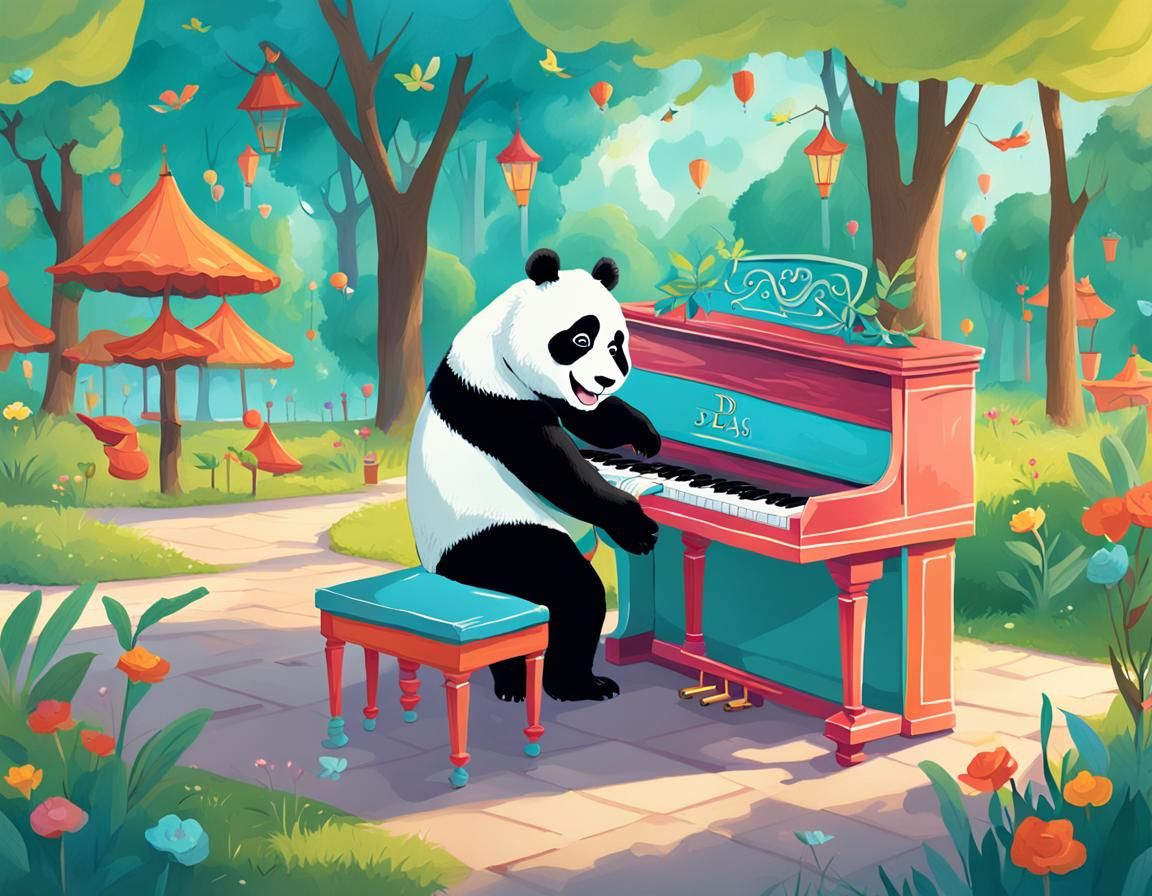 Playful Panda Piano in Park Illustration
