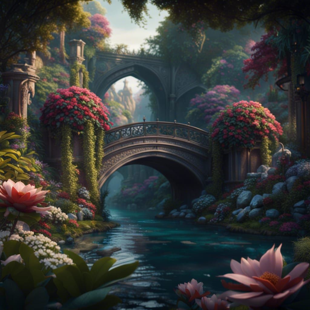 Gardenia Paradise with River Bridges in Matte Painting