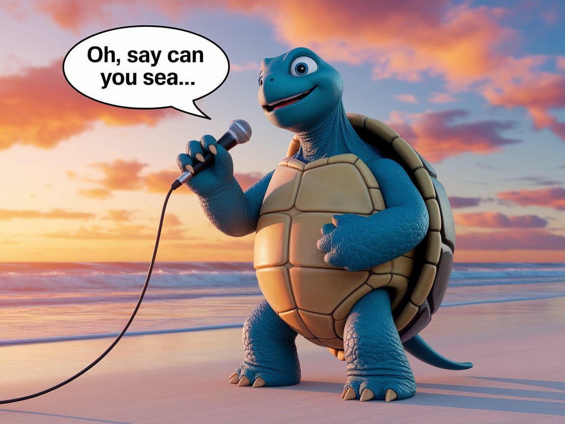 Patriotic Singing Turtle in Pixar Animation Style