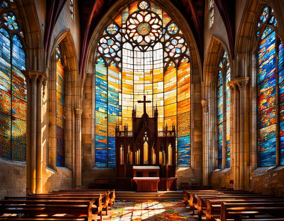 Ruined Church Interior with Sunlight in Impressionist Style