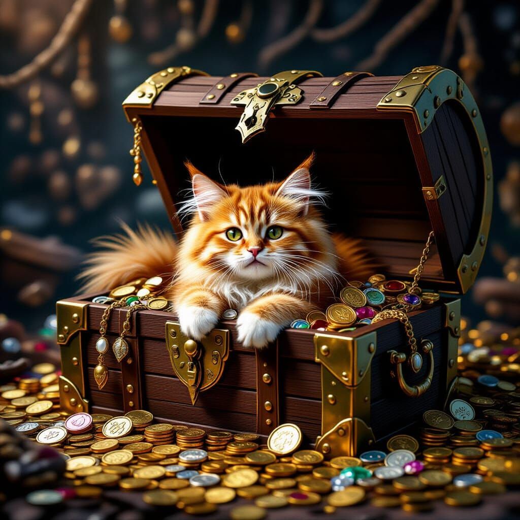 Fluffy Cat Plays in Pirate Treasure Chest