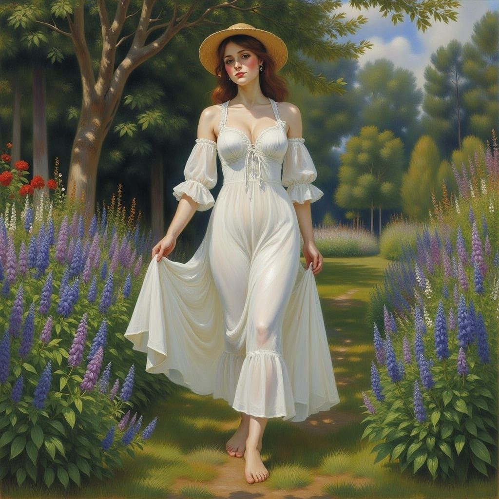 Woman in Elegant White Gown Strolls through Vibrant Floral L...